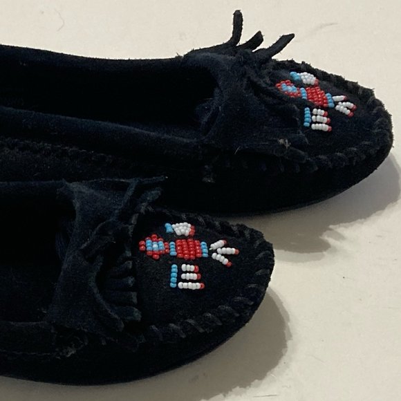 MINNETONKA Black Suede Moccasin Women's 6.5 Beading SOLED - Picture 3 of 6